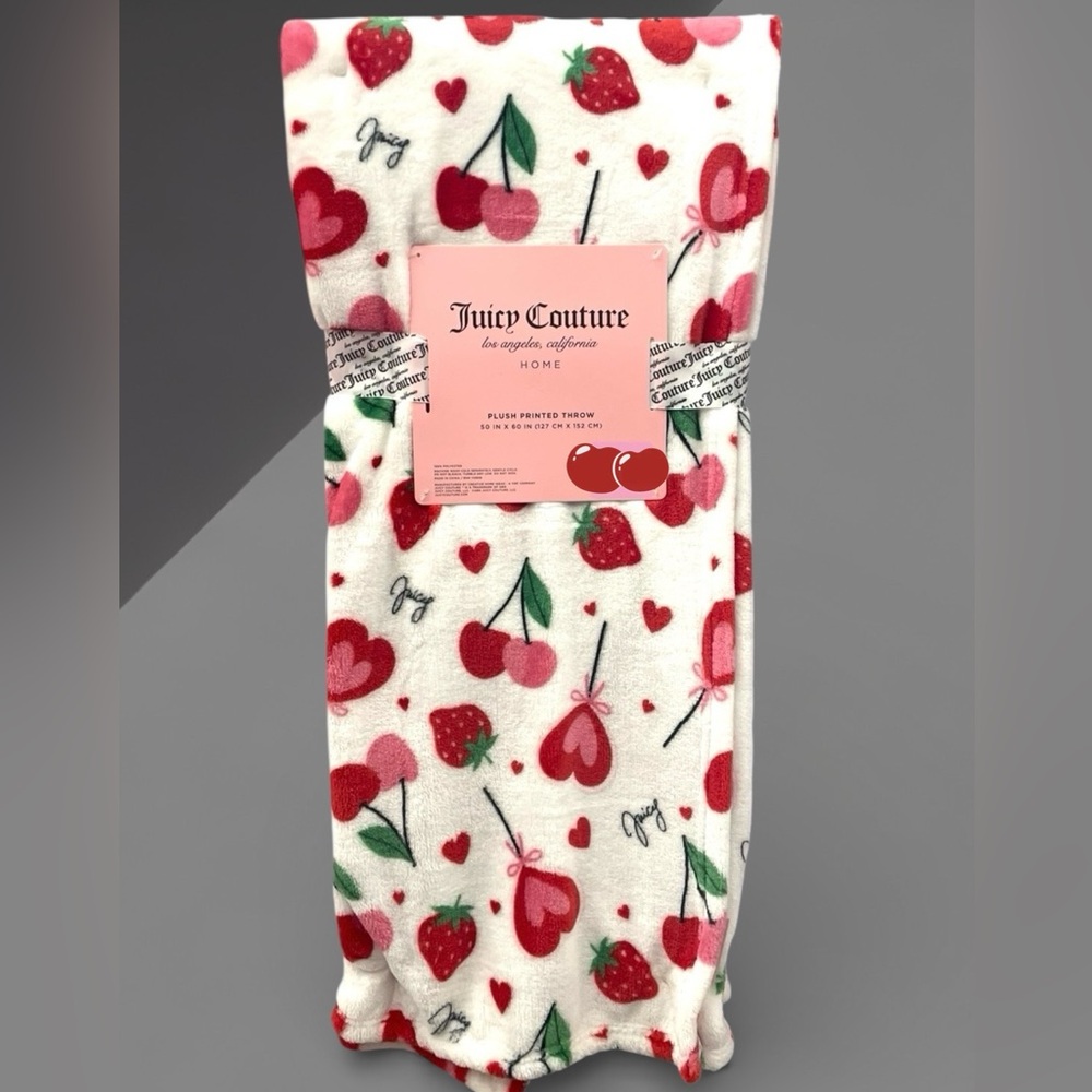 Juicy Couture Plush Throw White w/ Pink Red Hearts Cherries Strawberries NEW NWT